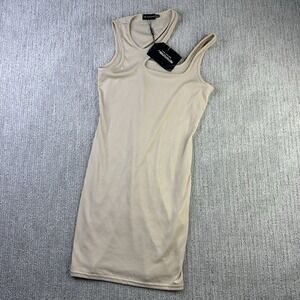 PrettyLittleThing Beige Asymmetric Neck Cut Out Rib Bodycon Dress US Size 10